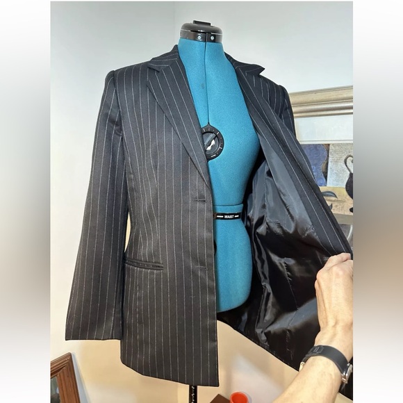 Wool Mark Sag Harbor Black Wool Pinstripe Lined Belted Blazer Jacket Size 8 - Picture 6 of 14